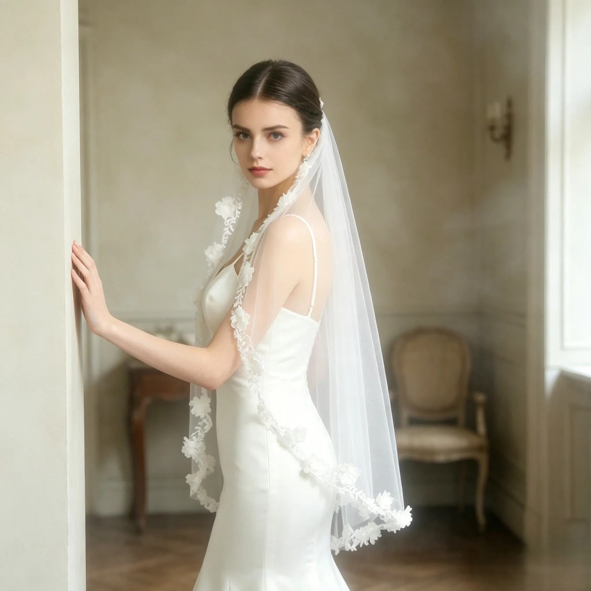 

1Layer 3D Flower Lace Edge Bridal Veil Elegant Fingertip Wedding Veil White Ivory Soft Tulle Whit Comb Wedding Accessories G76