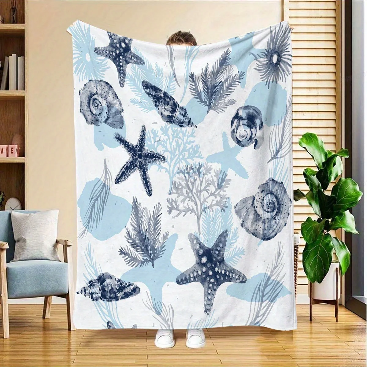 

1 Nautical Flannel Blanket - Ocean Theme, Starfish and Coral, Blue and White Design, Machine Washable, Great for Home, Office