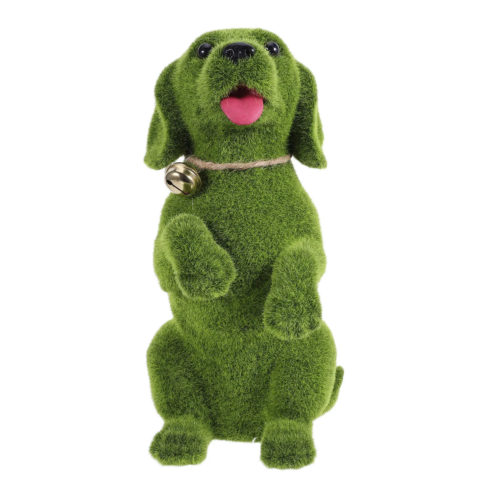 Realistic Green Flocking Puppy Sculpture Resin Dog Garden Ornament Stable Base Outdoor Lawn Patio Flower Bed Decoration