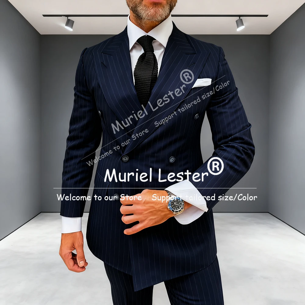 

Elegant Stripes Suits Men Double Breasted Peak Lapel Blazers 2 Piece Jacket Pants Customized Costume Homme Attire Groom Tuxedos