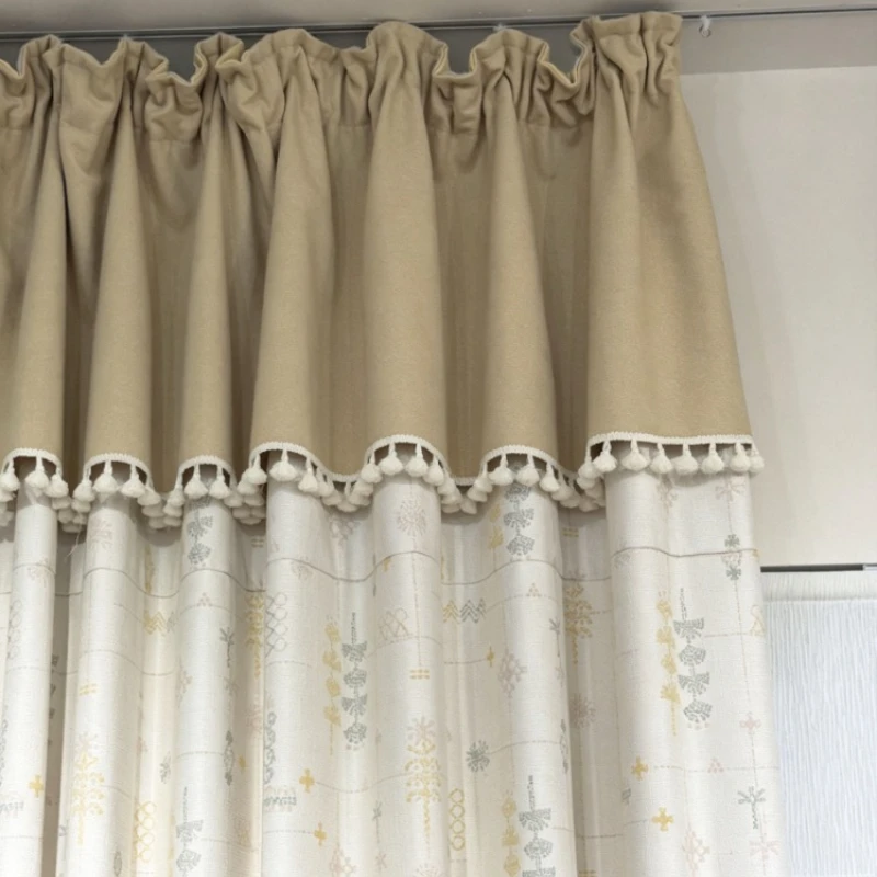 French Beige Yellow Mosaic Tassel Lace Curtains for Living Room Bedroom Window Customized Children's Room Finished Product