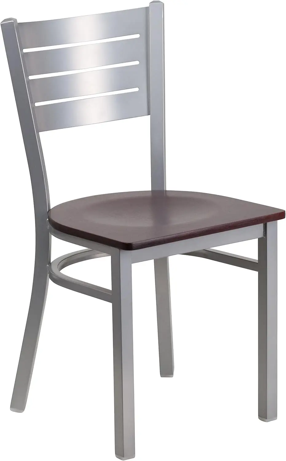 Silver Slat Back Metal Restaurant Chair - Mahogany Wood Seat