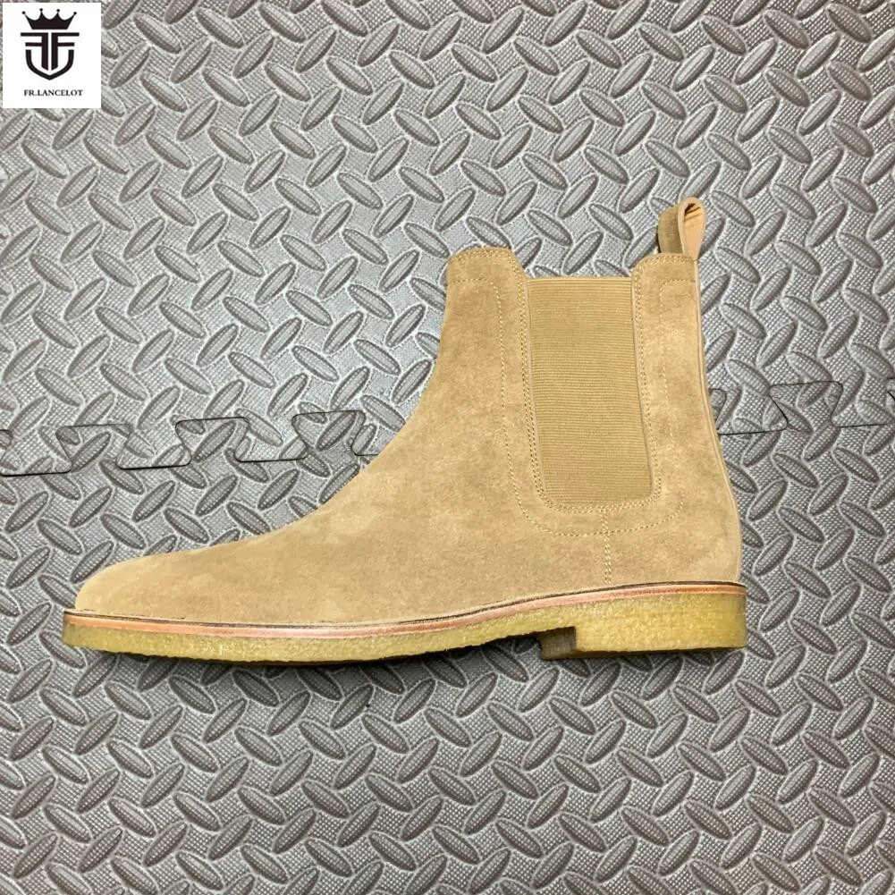 Factory Real Photo men suede leather boots slip on casual ankle booties male party shoes light yellow mens boot western cowboy