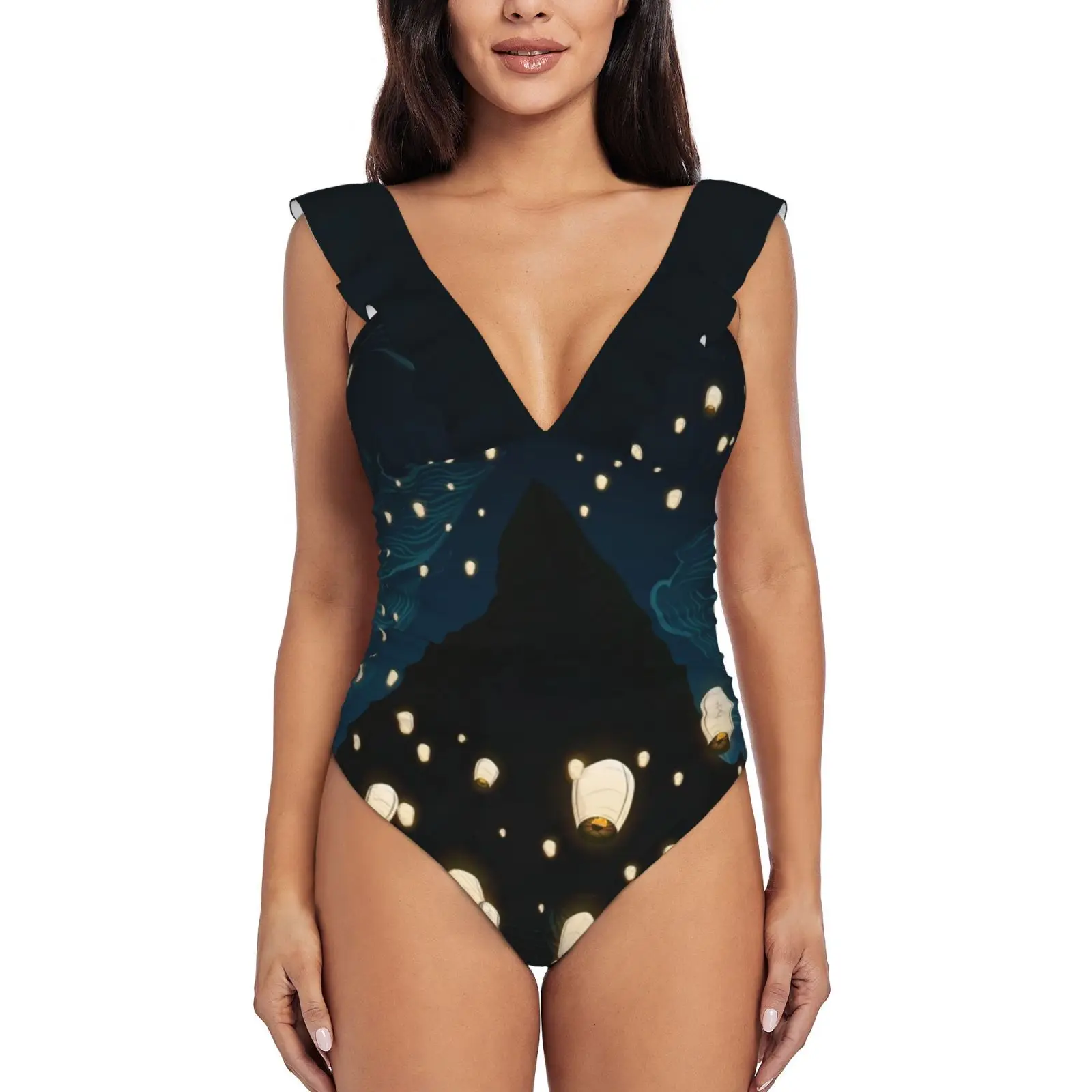 

The Mage Sexy One Piece Swimsuit Women Ruffled Swimwear Women Print Monokini Female Beachwear Lanterns Mountain Lights Clouds