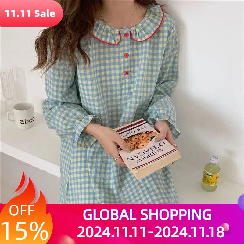 Yasuk Summer Fashion Women's Casual Lovely Plaid Long Nightdress Nightgown Pajamas Set Sweet Girl Simple Soft