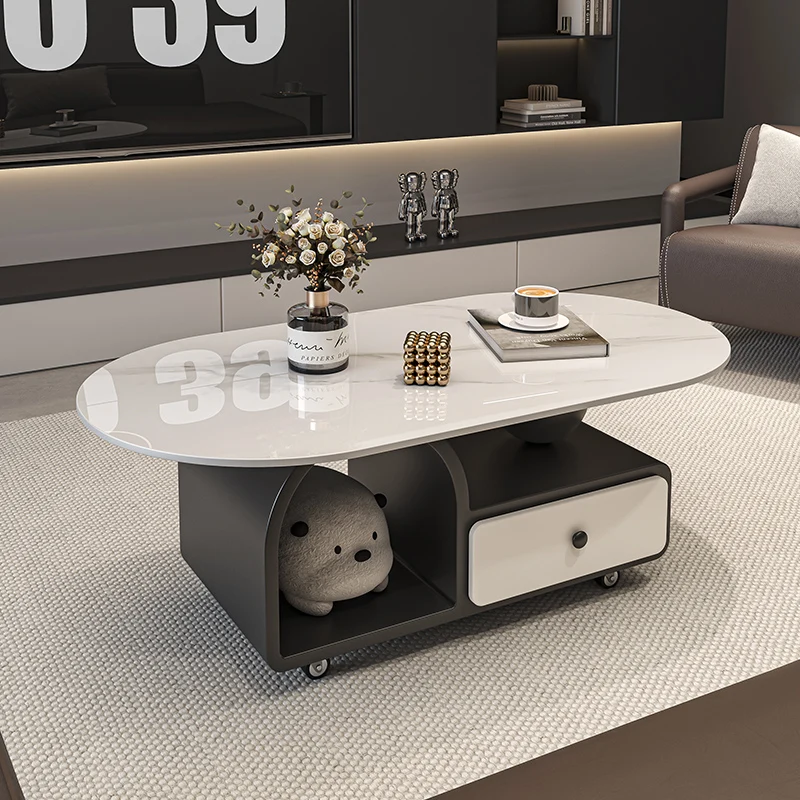 

Oval Trendy Coffee Table With Drawers On Wheels Mobile European Coffee Table Minimalist Simple Simple Living Room Furniture
