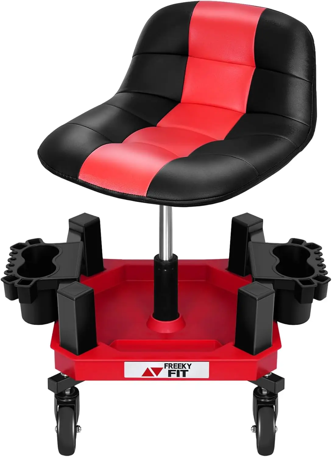 

Adjustable Rolling Shop Stool with Wheels, Tool Tray, 2 Cup Holders, Heavy-Duty Red Seat for Garage Work
