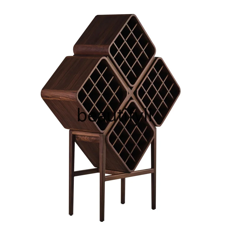 

New Chinese black walnut wine rack high-end rhombus shelf household living room solid wood wine cabinet display rack