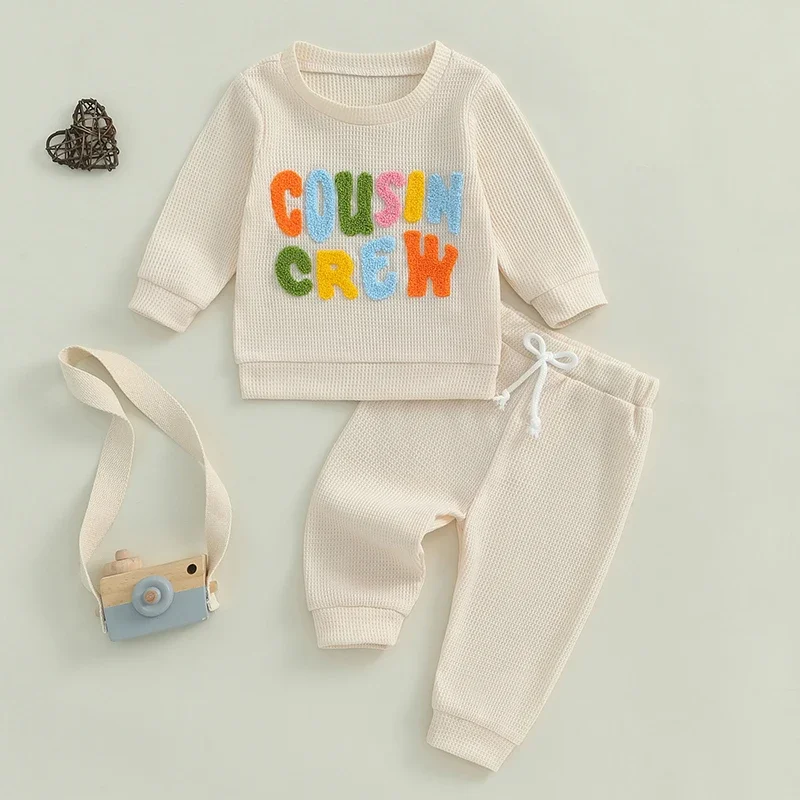 Tregren Baby Girls Boys Pants Set Long Sleeve Crew Neck Embroidery Letters Sweatshirt  Elastic Waist Sweatpants 2-piece Outfits