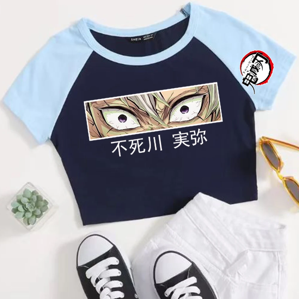 شيطان القاتل شينازوجاوا سانيمي عيون المحاصيل القمم تي شيرت الفتيات أزياء المرأة س الرقبة قصيرة الأكمام هدية