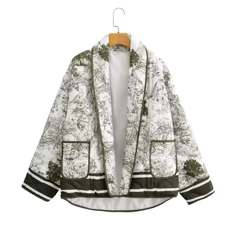 Women's Fashion Cotton Jacket Women Floral Print Quilted Jacket Open Front Kimono Style Padded Coat With Pockets Casual Z6QL - view 5