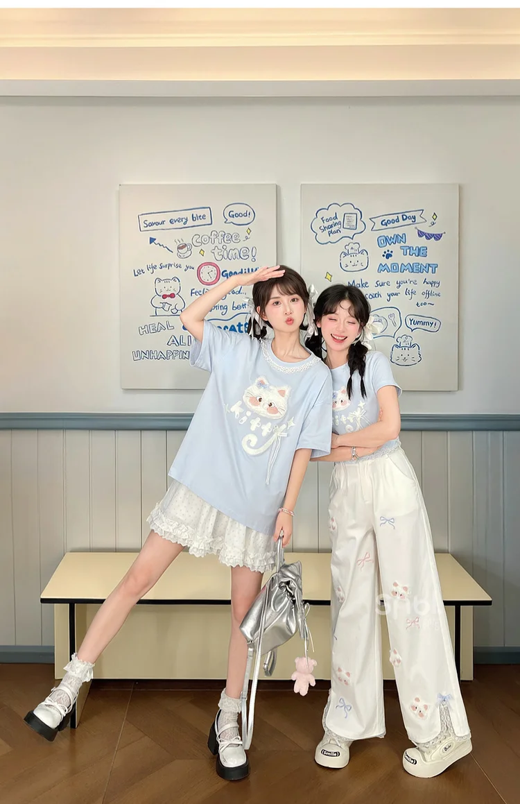 2025 Summer New White Cat Cartoon Printed High Waist Wide Leg Straight Casual Pants Petite Women Blue Lace T-Shirt