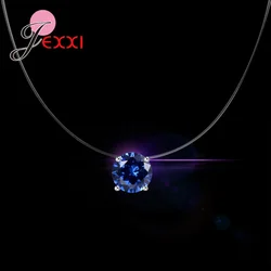 925 Sterling Silver Shiny Round High Quality Stone Crystal Zircon Invisible Transparent Fishing Line Chain Necklace For Women