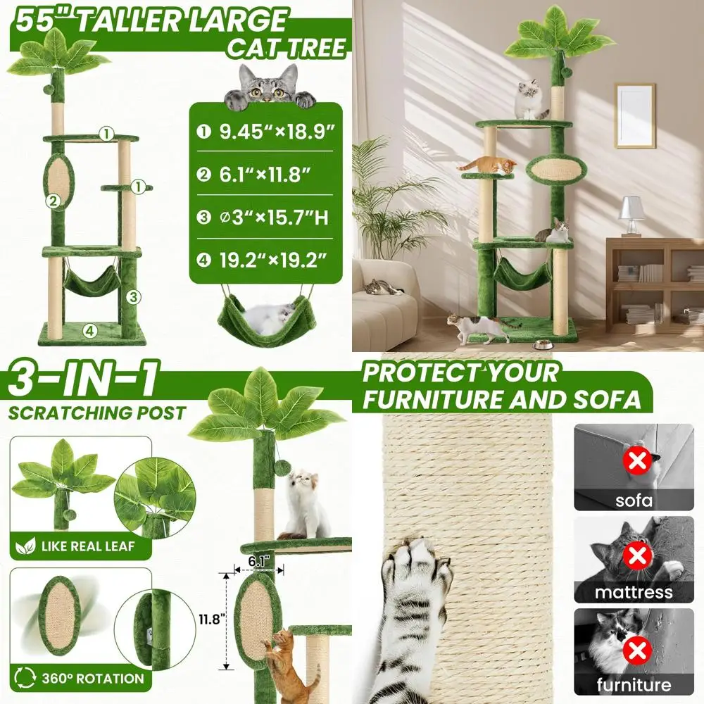 

Green Leafy 55 Cat Tree Tower with Hammock and Sisal Scratch Post for Playful Kittens and Adult Cats