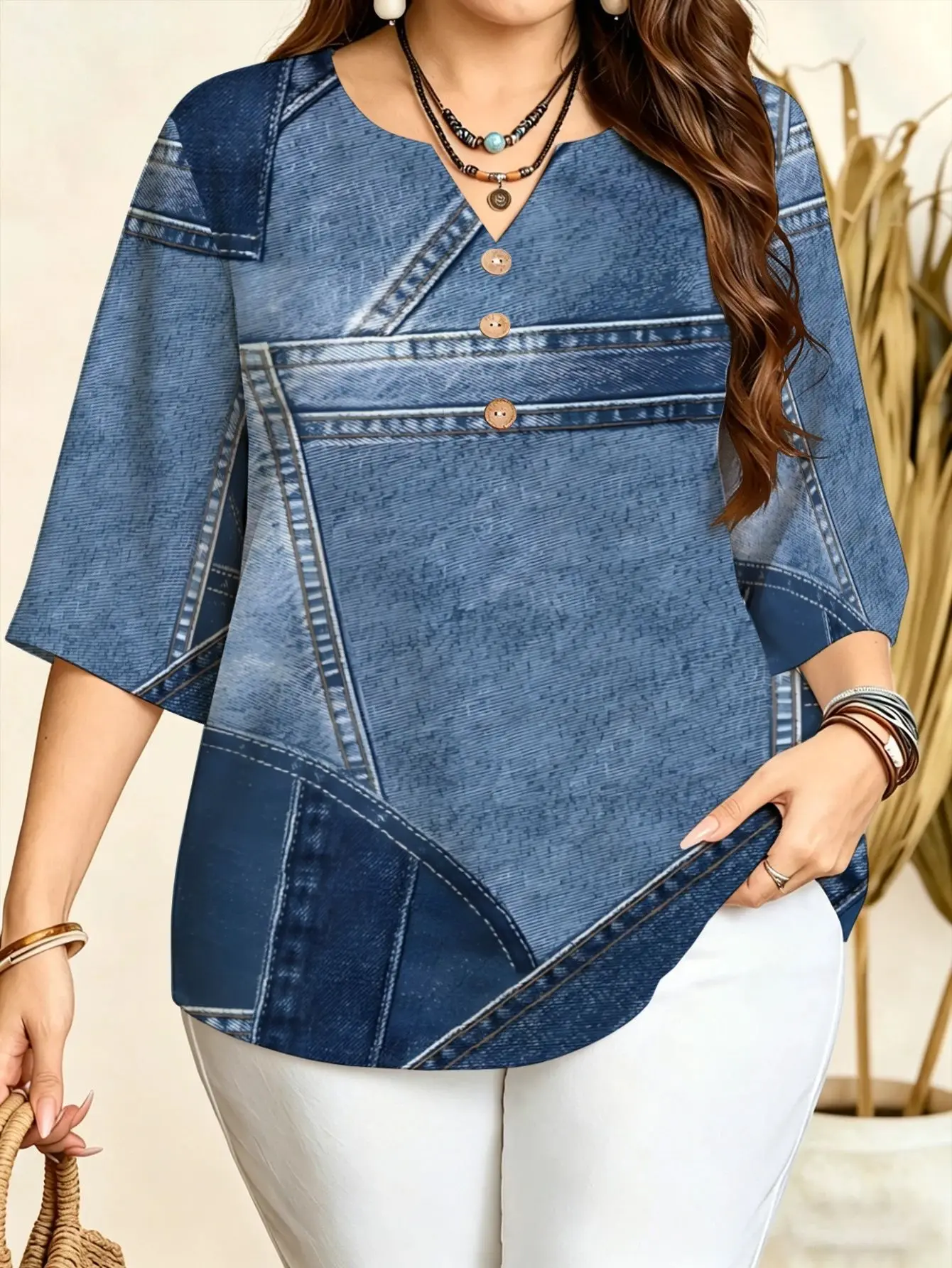 Baroque Scroll Leaf Faux Denim Fish Print Women Blouse Notch Split V Neck 3/4 Sleeve Office Casual Tops 5 Patterns Available