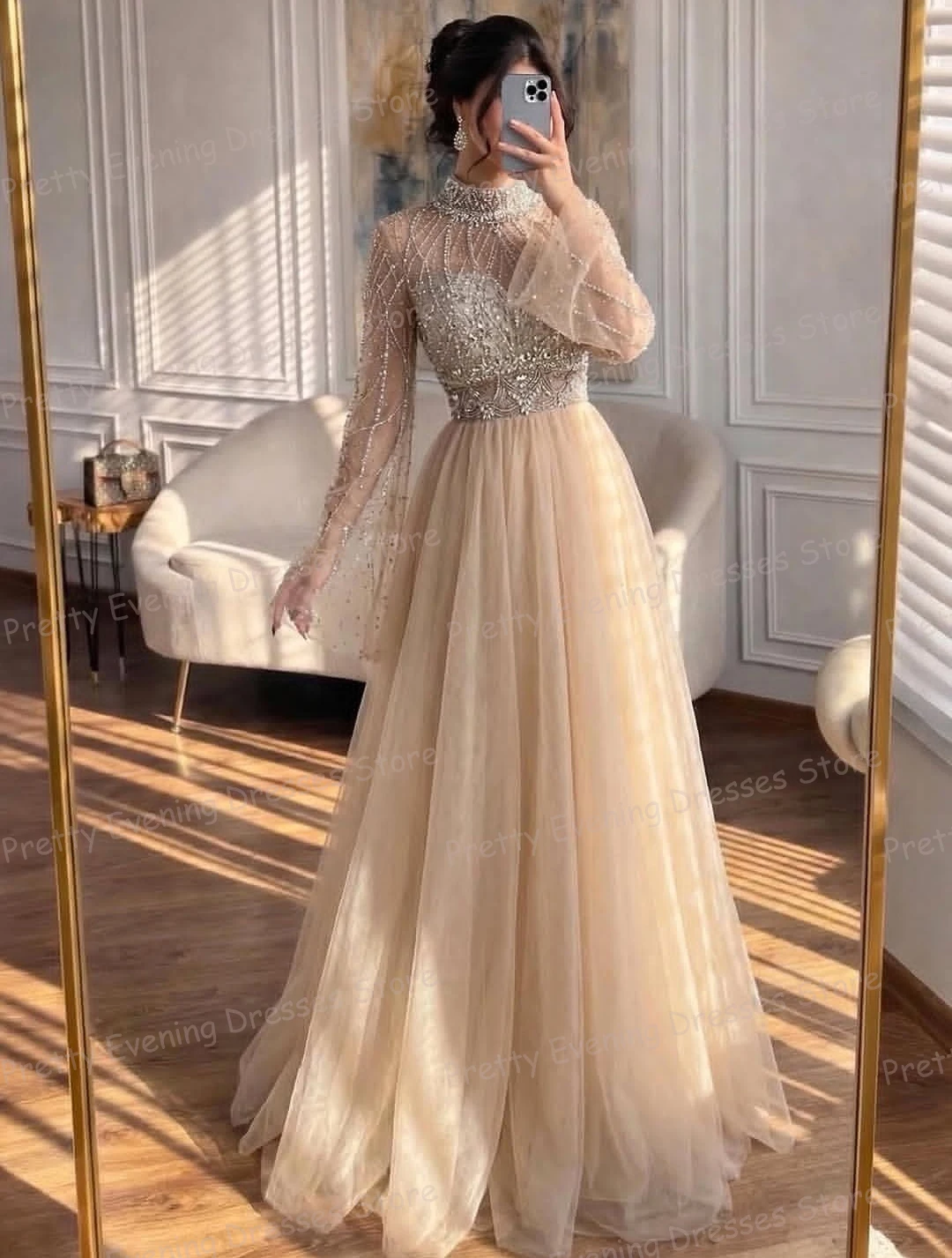 Sequined A-Line Evening Dress Sweetheart Neck Long Sleeve