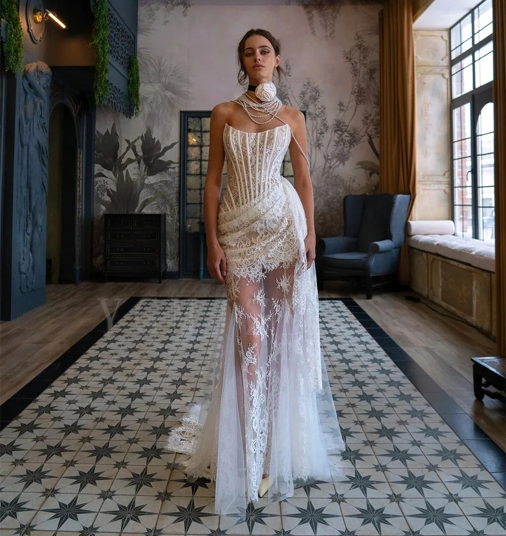 Short Boho Wedding Dress for Bride Bohemian Sexy Illusion Strapless Corset with Detachable Train Bridal Gowns vestidos de novia