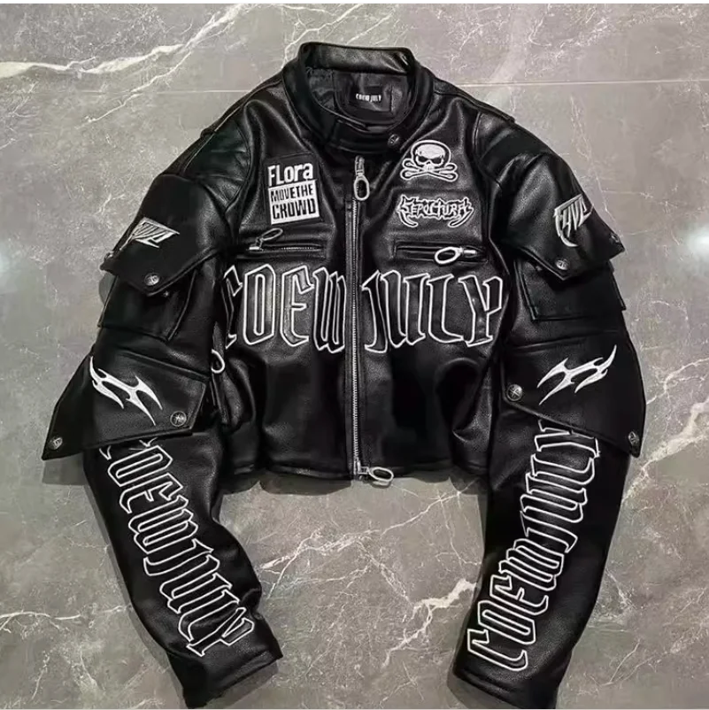 American Cool and Trendy Letter Embroidered Skull Head Motorcycle Suit PU Leather Coat Short jacket