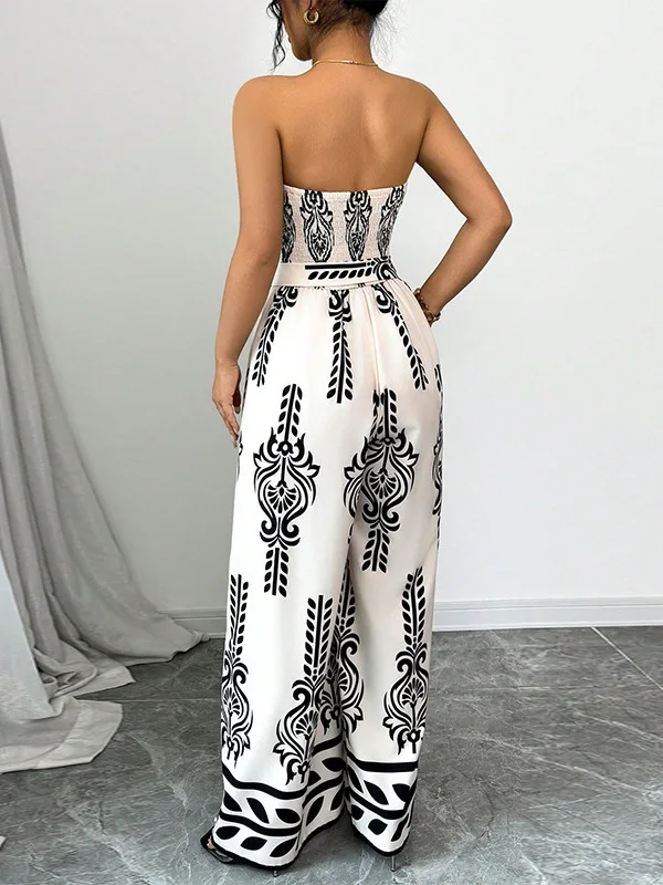 

Women's Casual Printed Jumpsuit High Waist Wide Leg Pants Lace up Faionable Long Pants Comfortable Fit Spring Season