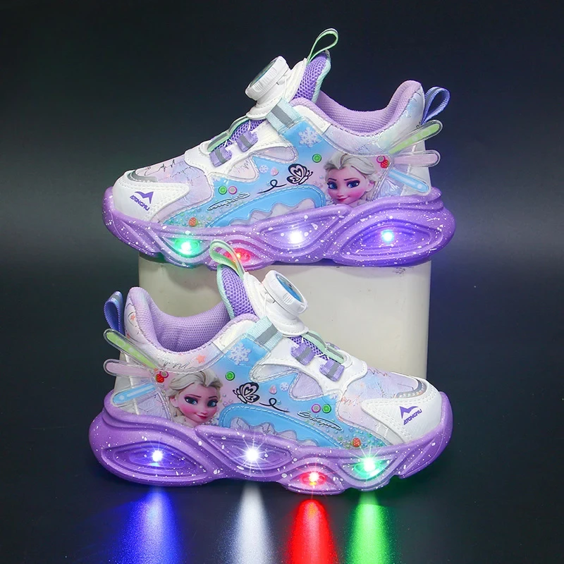 Disney Frozen Girls Casual Shoes LED Light Sneakers Elsa Princess Shoes Autumn and Winter Warm Casual Shoes Kids Birthday Gift