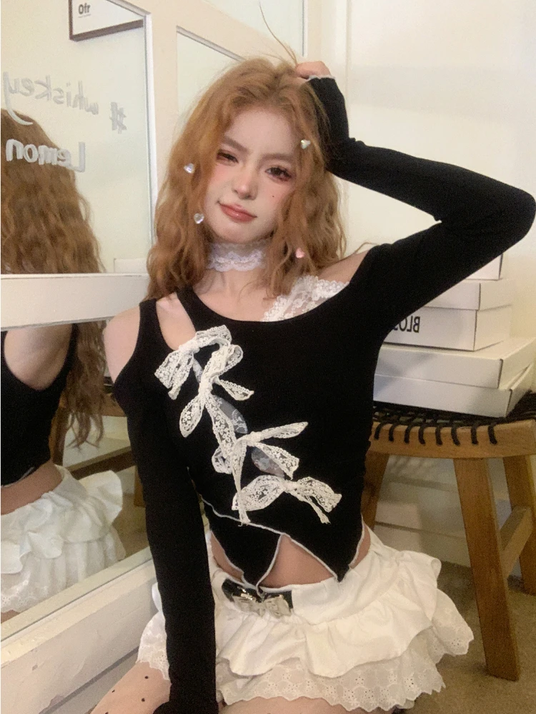 Black Slant Neck Off Shoulder Sweet Spicy Girl Lace Fake Two Bow Long Sleeve T-shirt Women Top Summer New Chic Slim Short Tops