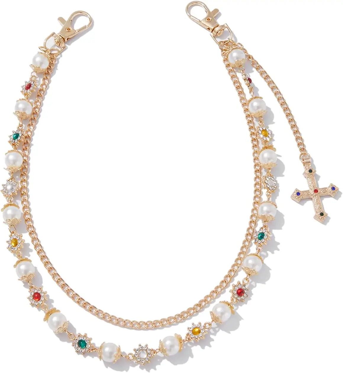 

Multi Layer Daisy Pearl Wallet Chain Rhinestone Flower Heart Cross Bag Charm Key Jean Chain for Women Men