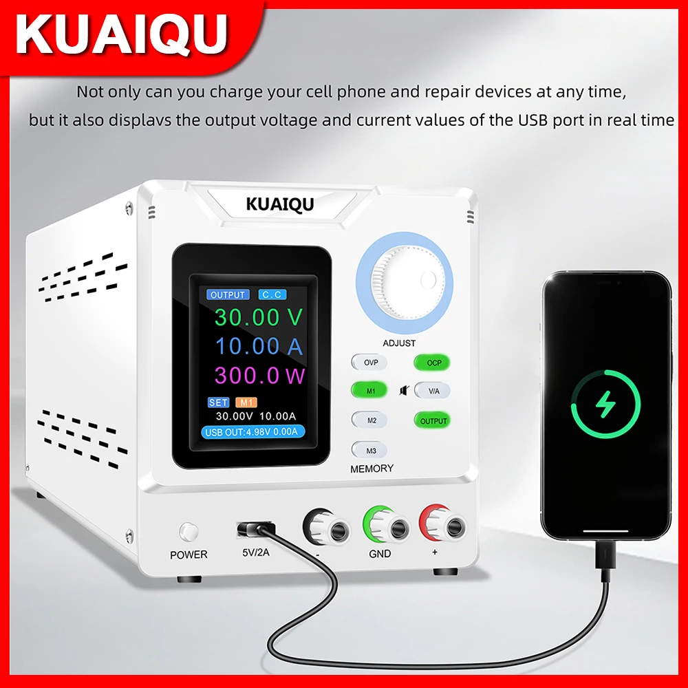 

KUAIQU USB Port Output Display DC Power Supply OCP OVP Switching Power Supply 30V 10A 300W Lab Memory Buzzer Voltage Regulator