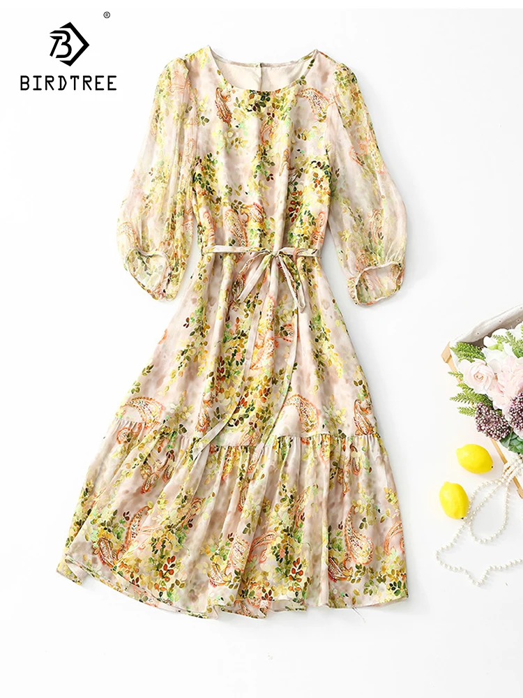

Birdtree 100%Mulberry Silk 2023 Summer Vintage Dress For Women Elegant Fashion Half Sleeve Print A-line Ruffles Dress D38114QC