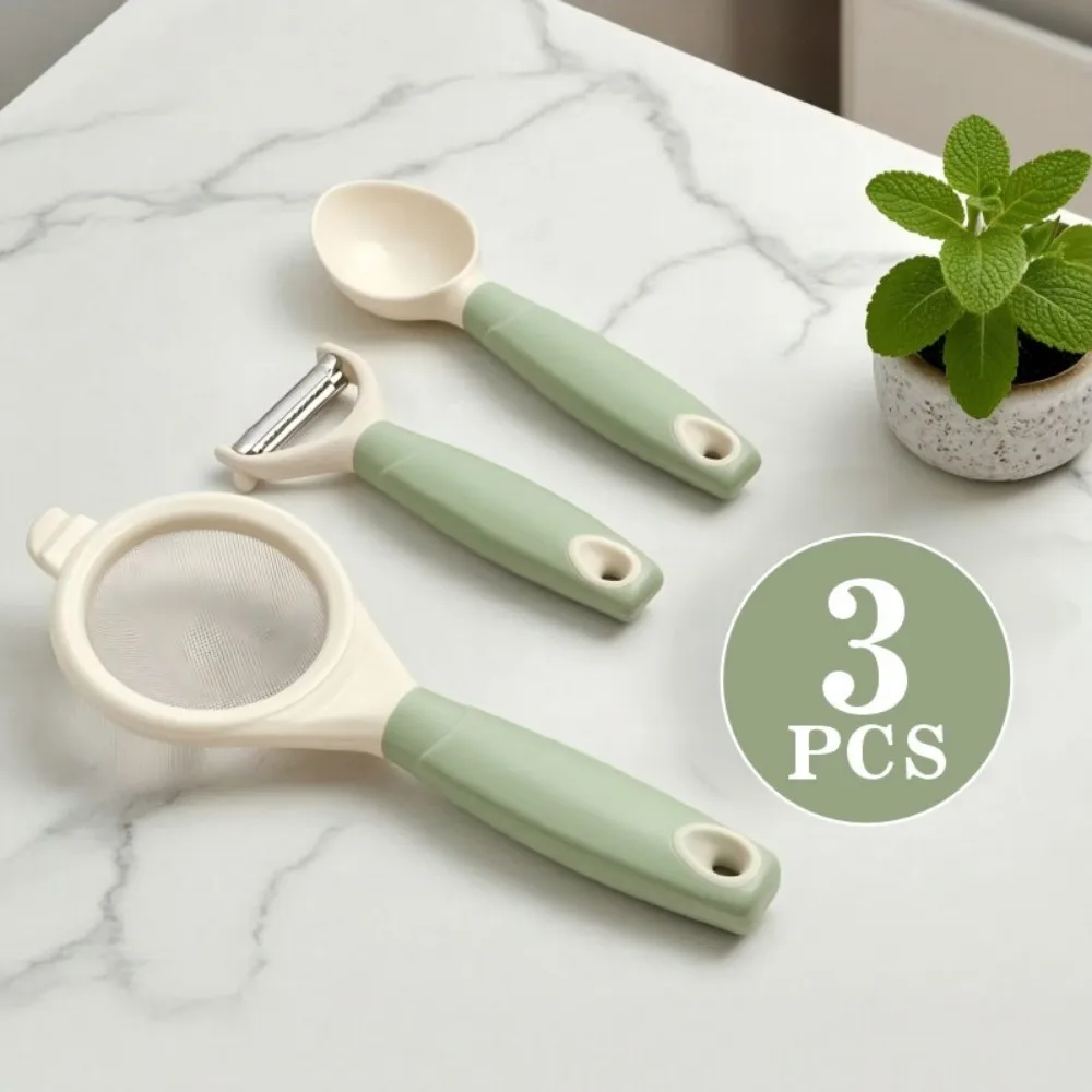 Ins‑style Natural Wheat Fiber Kitchenware 3‑Piece Set, Flour Sieve, Peeler, Ice Cream Scoop
