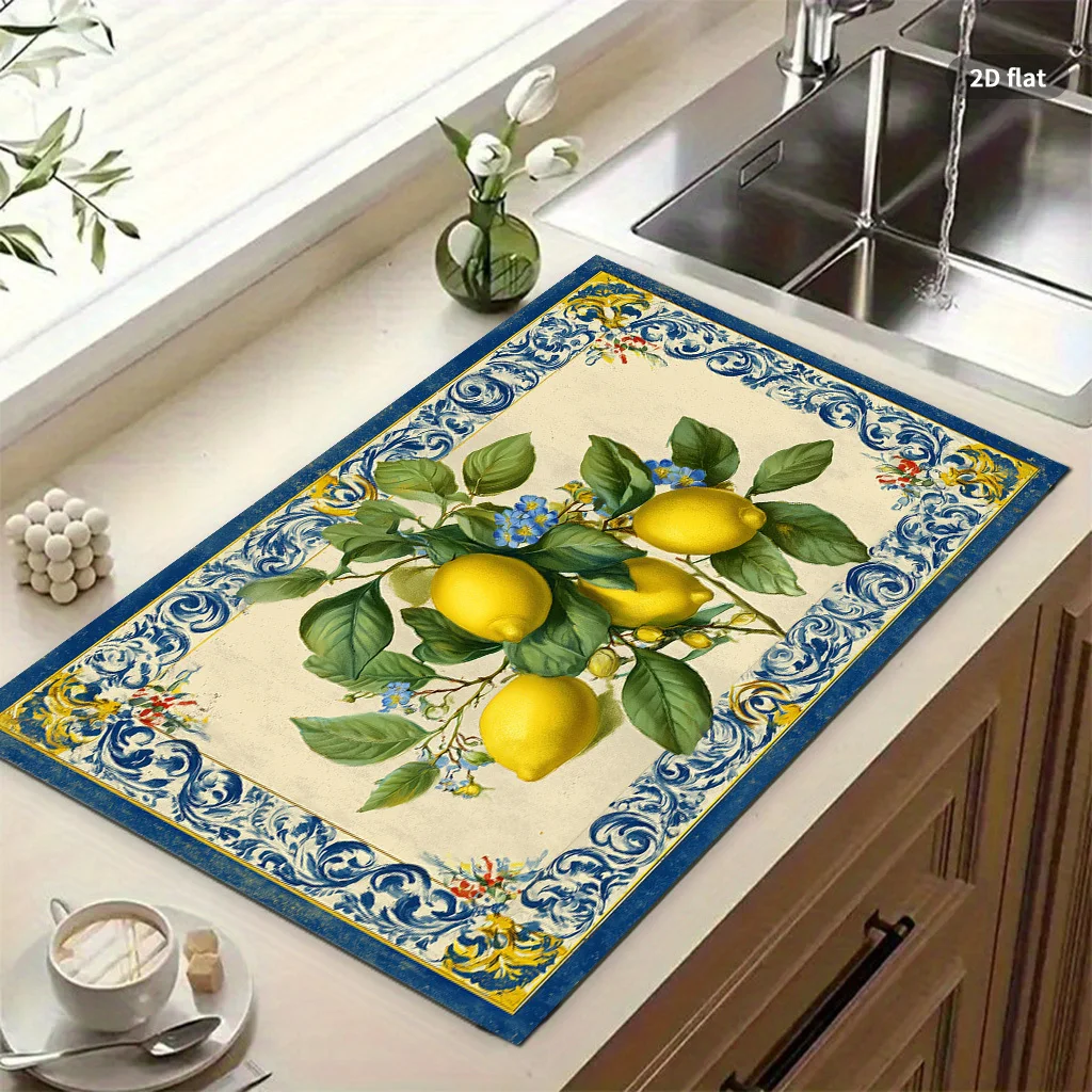 Yellow Lemon Blossom Kitchen Counter Pad Absorbent Non Slip Tabletop Cup Heat Resistant Fast Drying Coffee Machine Mat