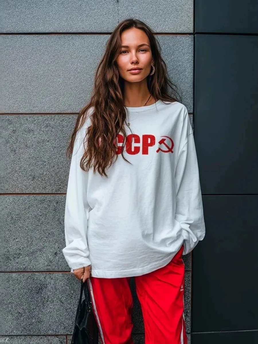 Retro style Soviet Printed Loose Long Sleeved T-shirt Women's Spring Autumn Trendy Streetwear Long Sleeve Top Basic Base Shirt