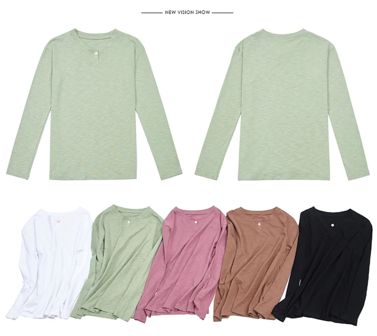 2026 Langarm Frühling Damen Slub-Baumwoll-T-Shirts mit Knöpfen, grüner V-Ausschnitt, einfarbiges T-Shirt, kaffeefarben, koreanische weiche, lockere Oberteile – Detail 25