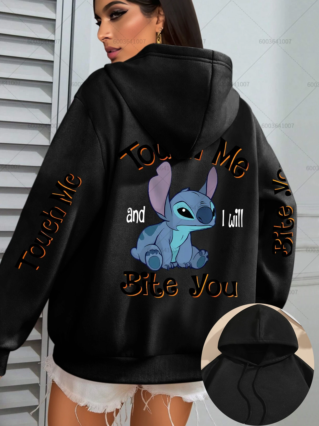 Disney Damen Stitch Touch Me I'll Bite You Fleece Hoodies Baumwolle Hoody Sweatshirt Pullover Herbst Winter Oversize Mäntel Top