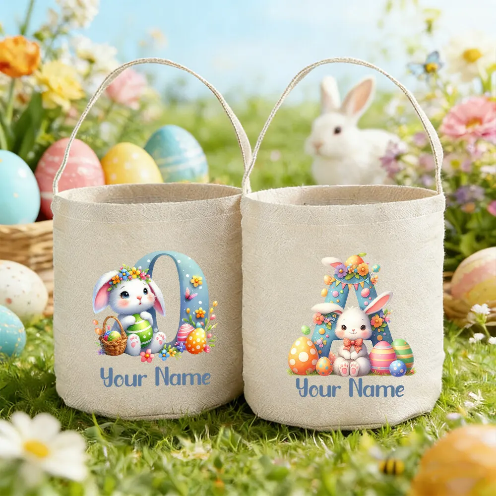 

Custom Kid Easter Bunny Bucket with Initials Personalized Easter Egg Bag Monogrammed Spring Bunny Basket Ideal for Kids