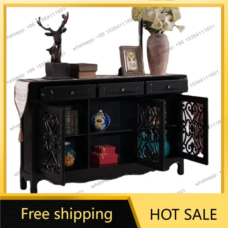 Zj. American country living room entrance cabinet solid wood hollow dining side storage cabinet