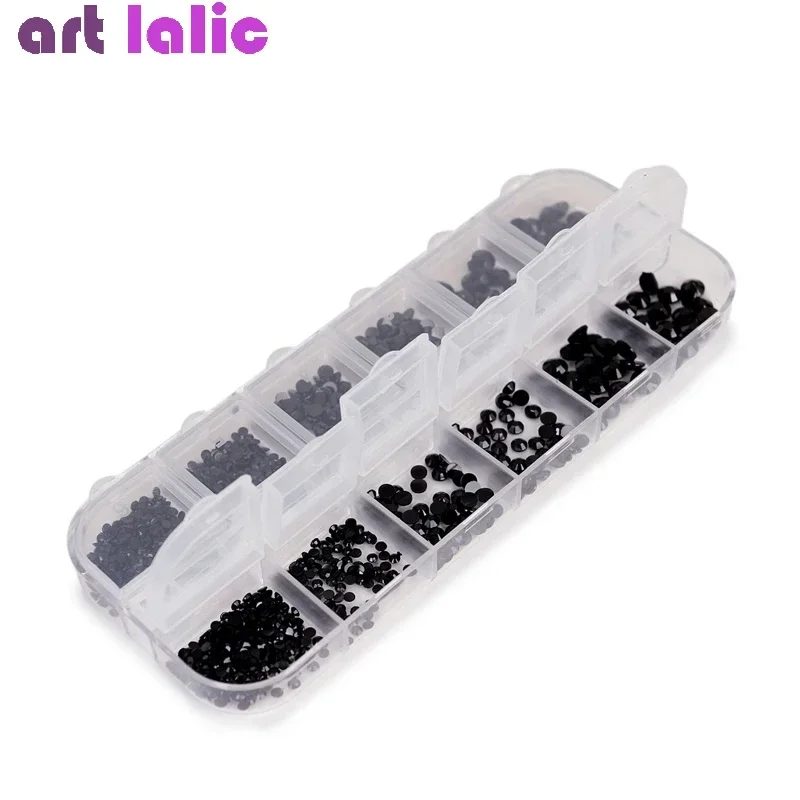 กล่องคริสตัลไรน์สโตนสีดำหลายขนาด ฐานแบน สำหรับตกแต่งเล็บ งานประดิษฐ์ DIY 3 มิติ