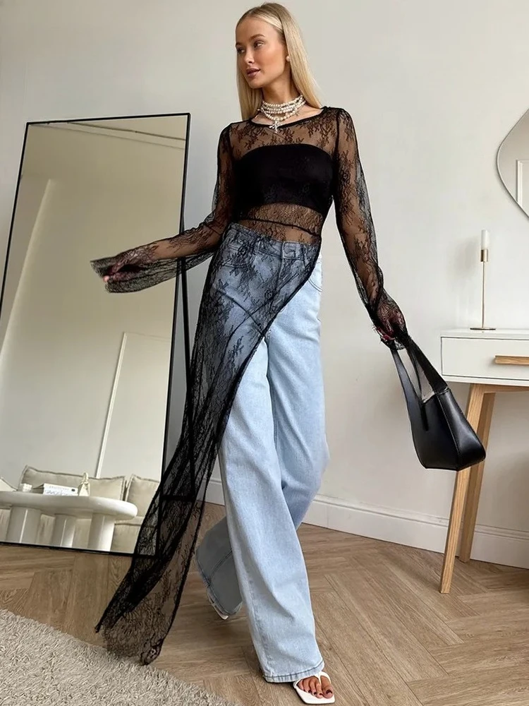 Trendix-vestidos transparentes sexis para mujer, vestido camisero de manga larga con bordado calado para fiesta, vestido asimétrico de encaje para discoteca 2026