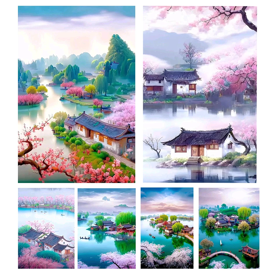 

5DDIY Diamond Painting Sakura House River Diamond Painting Natural Scenery All Mosaic Embroidery Set Picture Wall Decoration