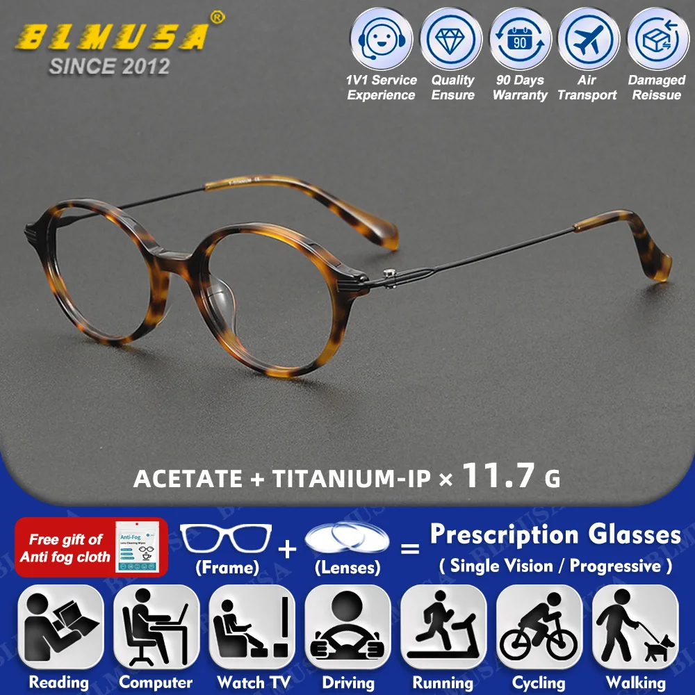 

BLMUSA (S) New Women Retro Oval Titanium Acetate Reading Prescription Glasses Anti Blue Light Optical Computer Myopia Eyeglasses
