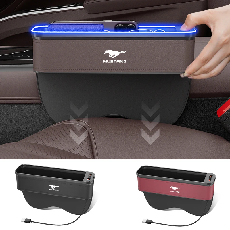 Car Interior LED 7-Color Atmosphere Light Sewn Chair Storage Box For Ford Mustang GT Auto Universal USB Storage Box Accessories