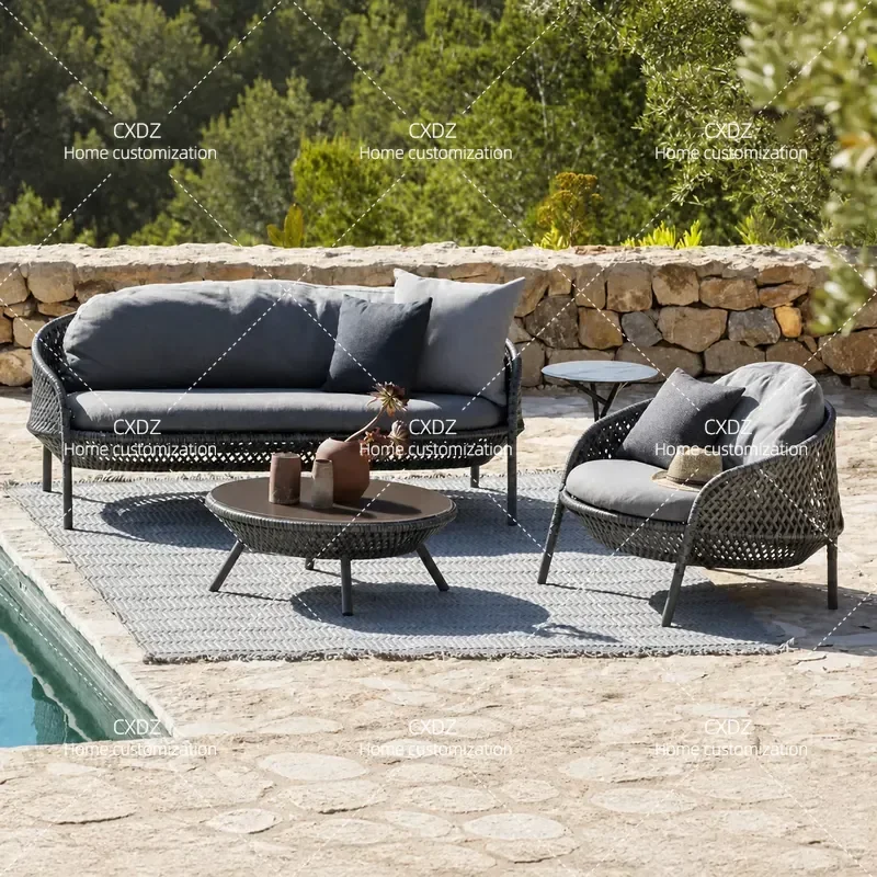 Nordic Outdoor Rattan Sofa Set Balcony Leisure Chair Villa Garden Single Double Seating with Small Coffee Table Combination
