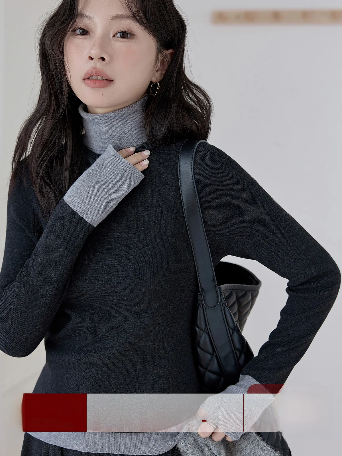 

Deep Grey High Collar Knitted Sweater Women's Long Sleeve Winter Fashion Commute Style Slim Fit Warmth Emitting Single Piece