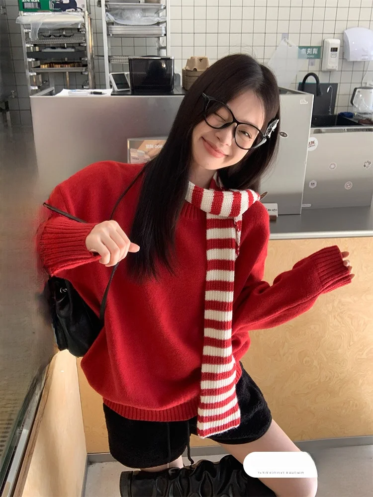 

Red Loose Knitted Sweater Women's Autumn Winter New Sle Lazy Sle Top Coat New Year's Outfit Long Sve round Ne Sweater