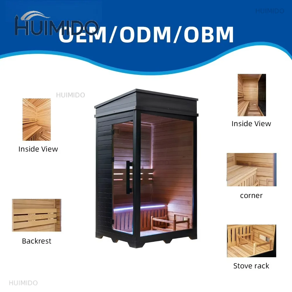 Traditional yew wood indoor single sauna cabin with glass doors and benches, modern black frame, suitable for high-end fa