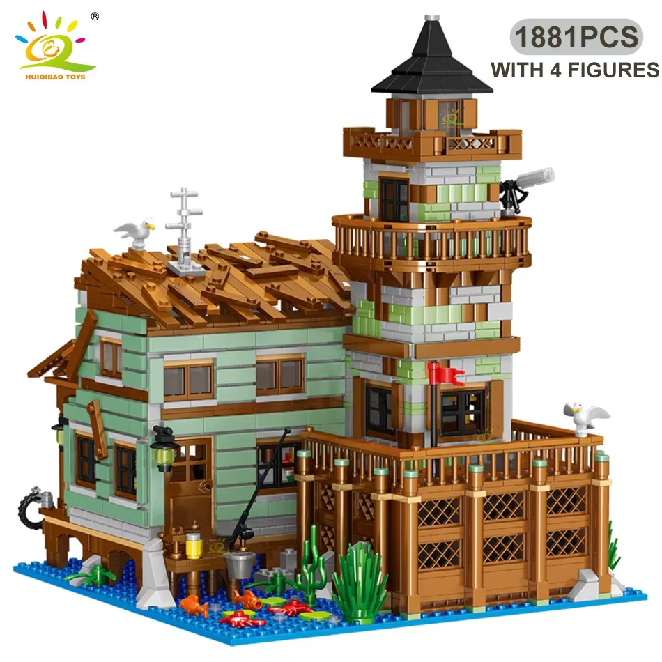 HUIQIBAO 1881 Piezas, Mini Aldea Pesquera, Bloques de Construcción Micro, Casa de Peces DIY, Set de Muelle con Figuras, Ladrillos de Juguete para Niños