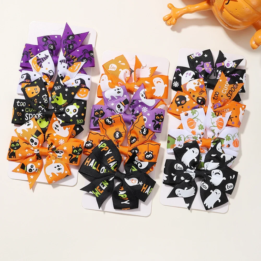 4Pcs/set Funny Pumpkin Ribbon Bowknot Hair Clip Hairpins for Girl Halloween Cheer Bow Party Hairgripe Baby Hair Accessories