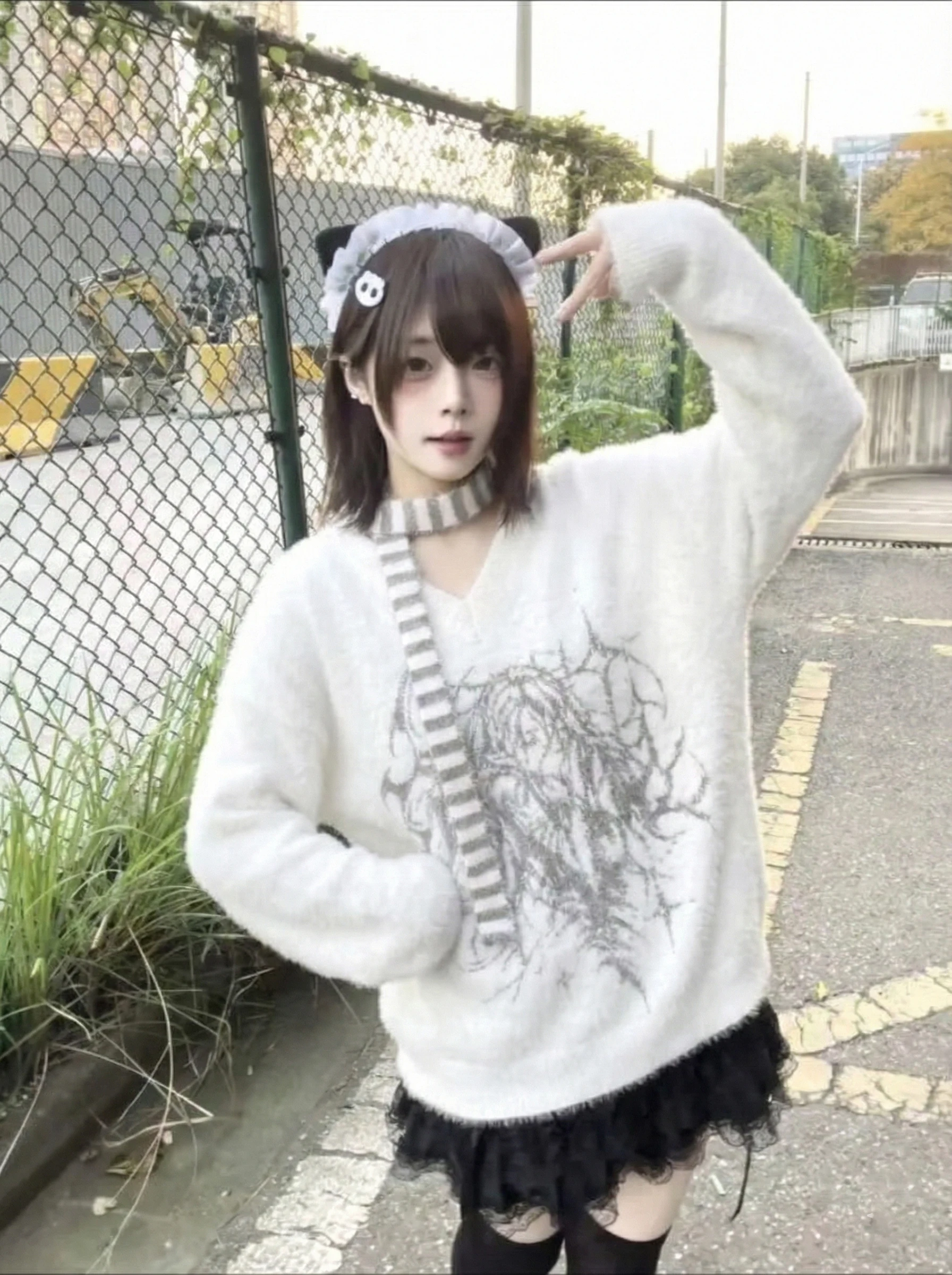 Subculture Sweaters Long Sleeve Kniited V-neck Pullovers + Striped Scarf Two Piece Set Harajuku Vintage Chic Streetwear Spring