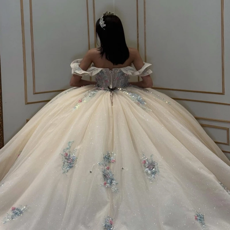 Luz champanhe brilhante quinceanera vestidos fora do ombro lantejoulas apliques flor miçangas tull espartilho festa de aniversário doce 16