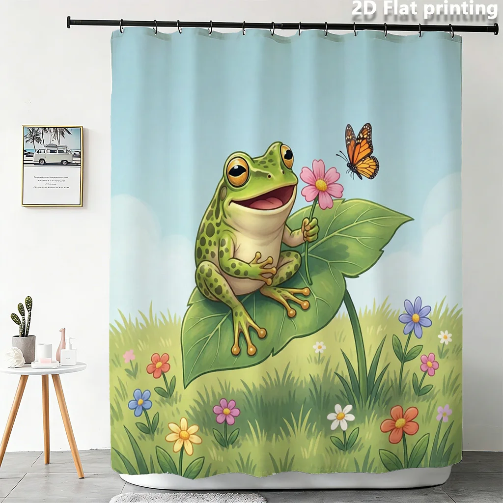 Cute Cartoon Frog Pond Shower Curtain Tropical Jungle Leaf Nature Floral Wallpaper Waterproof Bathroom Liner Decor
