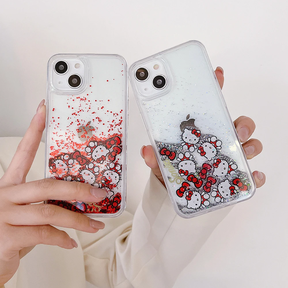 

Luxury Hello Kitty Quicksand Glitter Phone Case for IPhone 15 14 13 12 11 Pro Max X XR XS MAX Drop-resistant Clear Back Cover